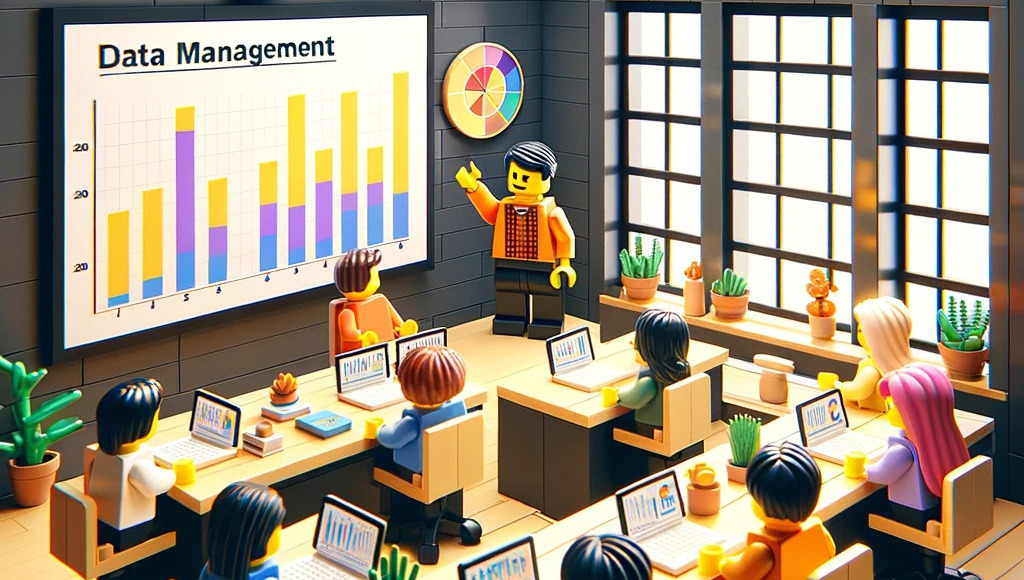 A lego trainer presenting a workshop to a number of lego participants